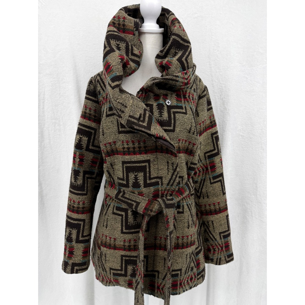 Southwestern Aztec Wrap Coat XL Brown Red Geometric Shawl Collar Belted Boho